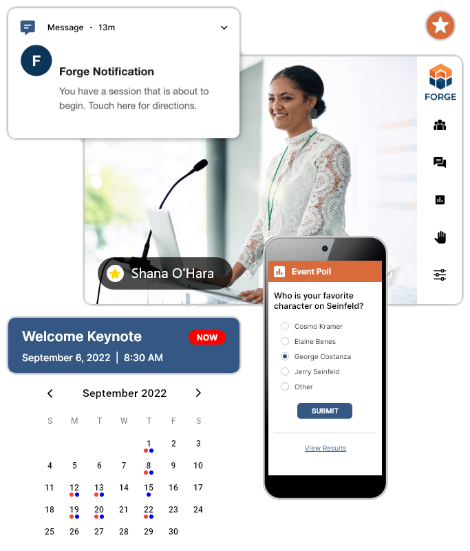Forge Events showing a session reminder, a keynote, a calendar, and a live poll on a phone
